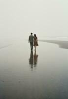 ai generato un' ragazza e uomo a piedi su il spiaggia nel un' grigio giorno, foto