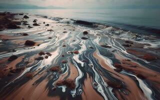 ai generato olio macchie nel il mare olio fuoriuscite su spiagge e corsi d'acqua. foto