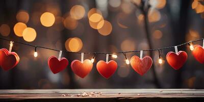 ai generato contento San Valentino giorno nozze compleanno sfondo bandiera panoramico saluto rosso cuori sospeso su di legno mollette corda con bokeh luci su sfondo foto