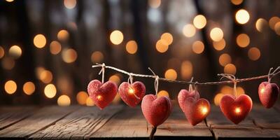 ai generato contento San Valentino giorno nozze compleanno sfondo bandiera panoramico saluto rosso cuori sospeso su di legno mollette corda con bokeh luci su sfondo foto