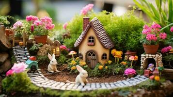 ai generato un' capriccioso Immagine di un' Fata giardino, completare con miniatura case, fiori, foto