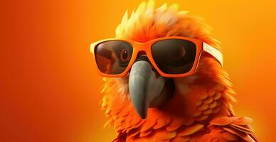 ai generato un' pappagallo nel occhiali da sole su un arancia sfondo foto