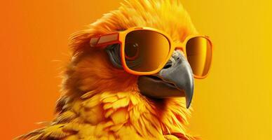 ai generato un' luminosa giallo uccello indossare occhiali da sole su un' arancia sfondo foto