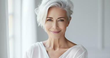 ai generato bianca dai capelli più vecchio donna sorridente a il telecamera foto