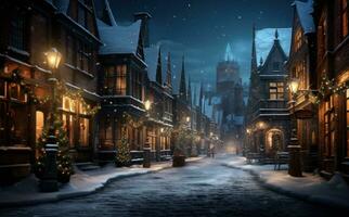 ai generato nevoso notte cittadina, Natale luci foto