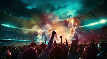 ai generato persone festeggiare per il grande incontro a gli sport stadio calcio fan foto