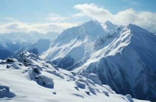 ai generato il nuvole siamo splendente al di sopra di il montagne e neve coperto colline foto