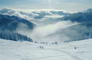 ai generato un' neve coperto scena con neve caduta in giro foto