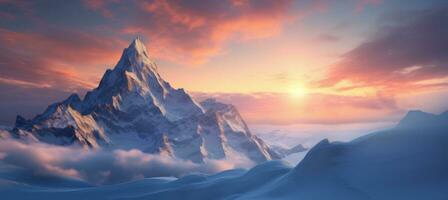 ai generato il nuvole siamo splendente al di sopra di il montagne e neve coperto colline foto