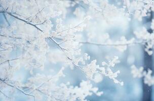 ai generato neve coperto rami di un' albero foto