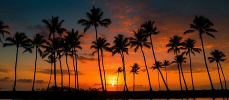 ai generato palma alberi nel silhouette contro un' tropicale tramonto foto