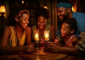 ai generato famiglia con candela illuminato con famiglia a casa foto
