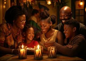 ai generato famiglia con candela illuminato con famiglia a casa foto