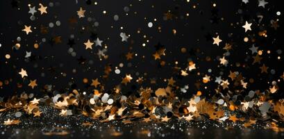 ai generato Natale nero oro luccichio oro metallico decorazioni. foto