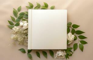 ai generato un' bianca vuoto libro circondato di verde le foglie foto
