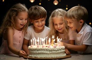 ai generato gruppo di bambini mettendo candele su un' torta foto