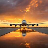 ai generato grande Jet atterraggio a un' pista di decollo nel un' cielo quello è pieno con bianca nuvole con un arancia tramonto dietro a esso foto