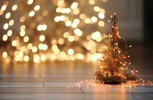 ai generato Natale albero con Natale luci su un' pavimento foto