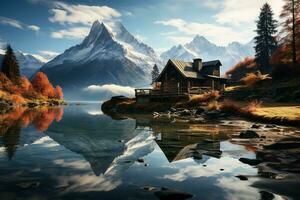 ai generato un' montagna gamma con un' cabina su il riva di un' lago. il montagne siamo coperto nel neve e il cielo è un' bellissimo blu. il cabina è fatto di legna e ha un' veranda prospiciente il lago. foto