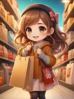 ai generato chibi personaggio carino femmina personaggio Tenere shopping borse felicemente foto