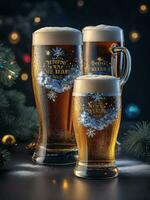 ai generato birra tazze decorato con un' festivo nuovo anno tema vibrazioni foto