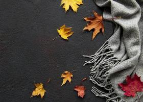 foglie d'acero autunnali e sciarpa di lana su uno sfondo di cemento nero.