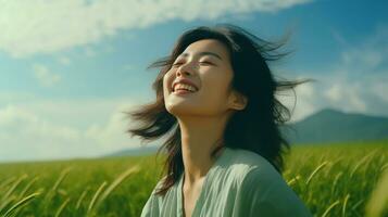 ai generato calma contento sorridente asiatico donna con chiuso occhi su il campi. gratuito, pace, bellissimo momento concetto foto