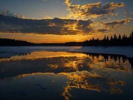 ai generato un Immagine di un' vivace tramonto al di sopra di un' sereno lago, con colorato riflessi scintillante su il acqua con neve foto