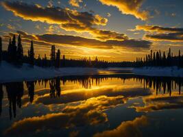 ai generato un Immagine di un' vivace tramonto al di sopra di un' sereno lago, con colorato riflessi scintillante su il acqua con neve foto