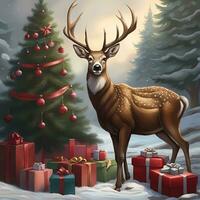 ai generato cervo con Natale albero e regali inverno neve sfondo foto