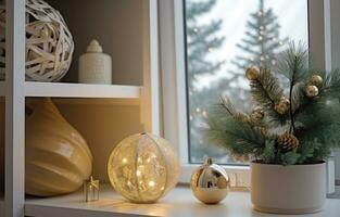 ai generato bellissimo appartamento con verde e grigio Natale decorazioni foto