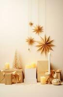 ai generato Natale carta e carta decorazione su beige tavolo impostato foto