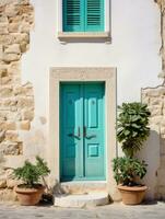 ai generato un' piccolo verde edificio con un' blu porta prospiciente il strada, foto