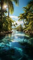 ai generato un' piscina nel un' tropicale Posizione, completare con palma alberi, chiaro acqua, e luce del sole foto