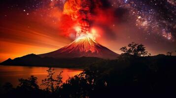 ai generato un' vulcano luci su il notte cielo con suo ardente splendore quello vetrine il bellezza di della natura energia foto