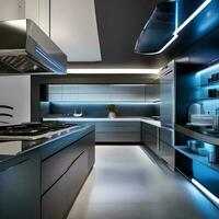 ai generato un' futuristico ispirato al laboratorio cucina con inossidabile acciaio superfici foto