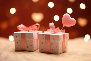 contento San Valentino giorno concetto con rosso regalo scatola e cuore sagomato palloncini romantico bandiera amore concetto di ai generato foto