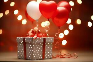 contento San Valentino giorno concetto con rosso regalo scatola e cuore sagomato palloncini romantico bandiera amore concetto di ai generato foto