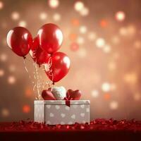 contento San Valentino giorno concetto con rosso regalo scatola e cuore sagomato palloncini romantico bandiera amore concetto di ai generato foto