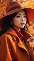 ai generato un' sorprendentemente realistico Immagine in mostra un' alla moda coreano donna vestito nel il ultimo autunno abbigliamento. foto