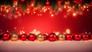 ai generato rosso Natale colore sfondo con ghirlanda e Natale palle ai generato foto