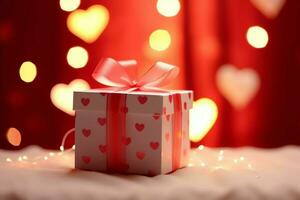 contento San Valentino giorno concetto con rosso regalo scatola e cuore sagomato palloncini romantico bandiera amore concetto di ai generato foto