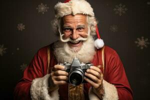 ai generato uomo Santa Claus cattura Candido vacanza momenti con un' classico telecamera nel un' vivace cittadina, Natale immagine foto