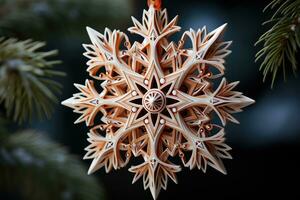 ai generato fiocco di neve eleganza squisito dettaglio nel un' singolo ornamento, allegro Natale immagini foto