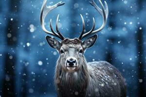 ai generato un' visivamente travolgente momento come un' regale renna sta in mezzo vorticoso fiocchi di neve, Natale sfondo foto