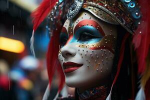 ai generato riflessivo eleganza carnevale maschere su piovoso superfici, carnevale Festival immagini foto