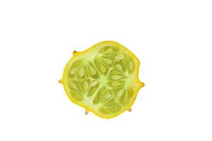 kiwano o cornuto melone tagliare nel metà isolato su bianca sfondo. foto