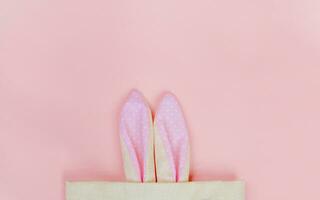 Borsa con coniglio orecchie su un' rosa sfondo, copia spazio. foto