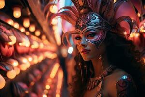 ai generato donna nel maschera in mezzo raggiante carnevale labirinto, festivo carnevale fotografie