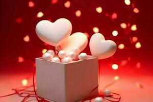 contento San Valentino giorno concetto con rosso regalo scatola e cuore sagomato palloncini romantico bandiera amore concetto di ai generato foto